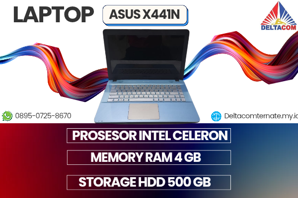 ASUS X441N , TYPE BARU BODY SLIM, PROSESOR INTEL CELERON RAM 4 GB STORAGE HDD 500 GB DISPLAY 14 INCH MULUS , WARNAH BIRU, LECET SDIKIT,